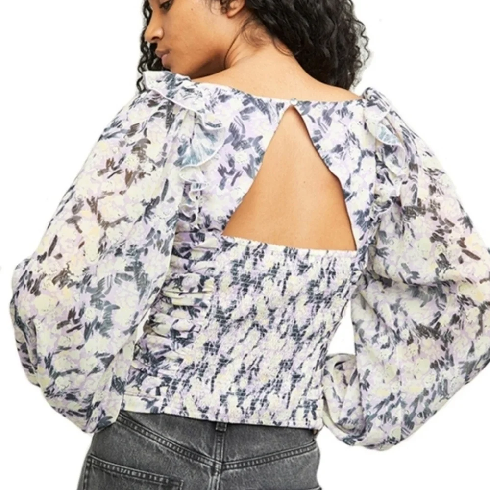 New With Tags Free People Mabel Printed Blouse Long Sleeve Lilac Combo Top XS